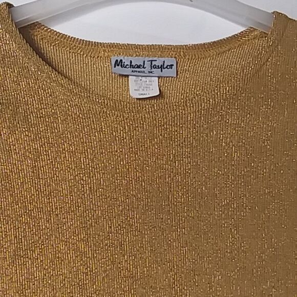 Michael Taylor Womens Vintage Metallic Gold Thread Knit Short Sleeve Shirt Small - Picture 3 of 7